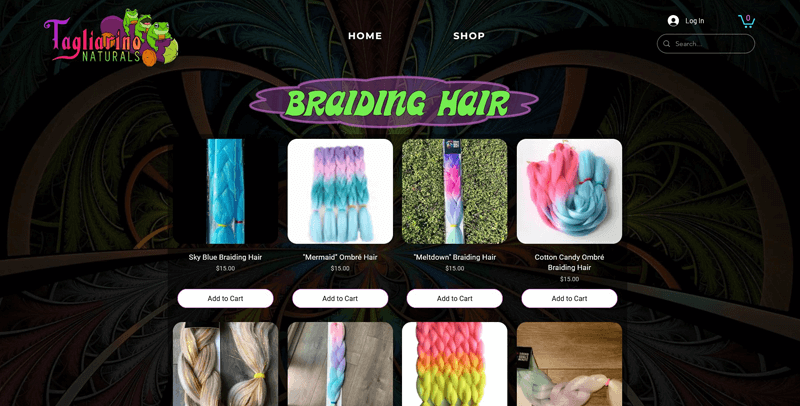Screenshot of the website for Tagliarino Naturals, a small business which sells music festival accessories. Site built by Adam Morsa.